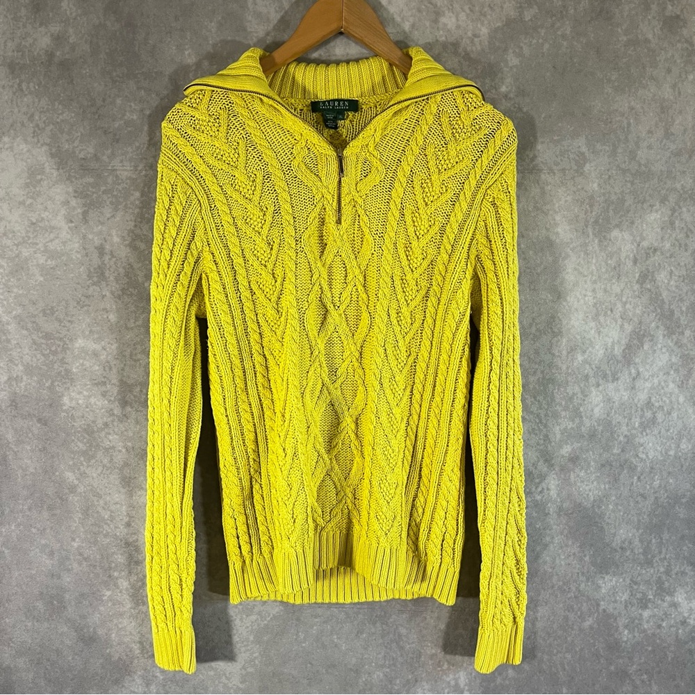 Lauren Ralph Lauren Sweater Women XL Neon Yellow Cable Knit‎ Gold Quarter Zip